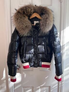 SAM New York Down Puffer Bomber Jacket Real Raccoon Fur Hood Stripe Trim Black S